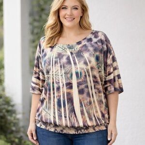 Addition Elle Peacock Feather Print Dolman Blouse Size 0X Boho Elastic Hem Top